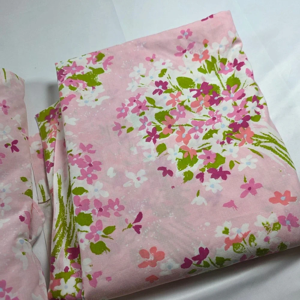 Vintage Burlington House Pink Floral Sheet Set Twin Percale 70s Made in USA